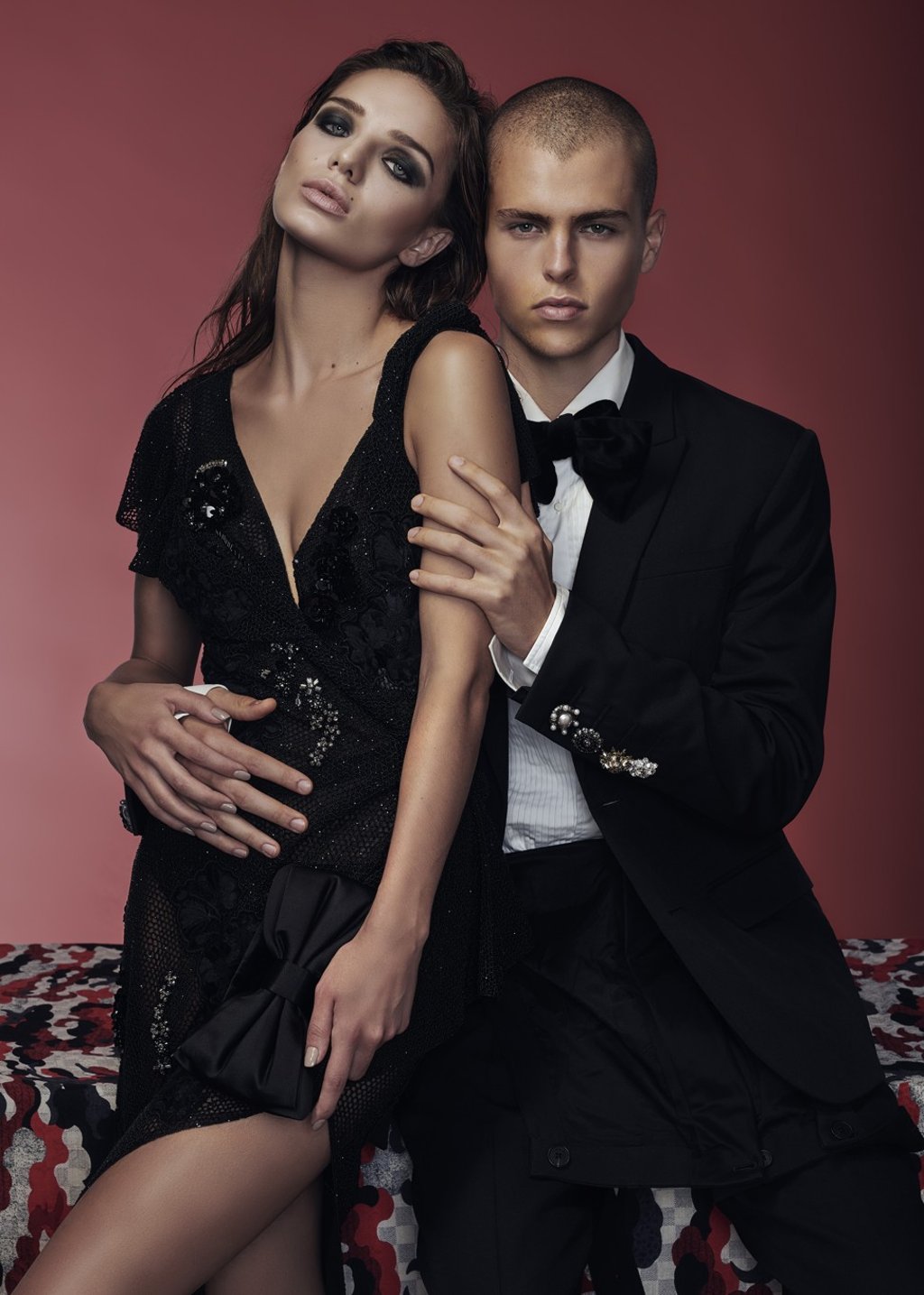 On her: Dress: Versace, HKD $250,800 Velvet Purse: Giorgio Armani, HKD $11,000 On him: Jacket: Givenchy, HKD $28,800 Overall Trousers: Givenchy, HKD $10,500 Shirt: Ralph Lauren, HKD$5,400 Bowtie: Bottega Veneta, HKD$1,600 Table: Scarf: Louis Vuitton, HKD$6,700