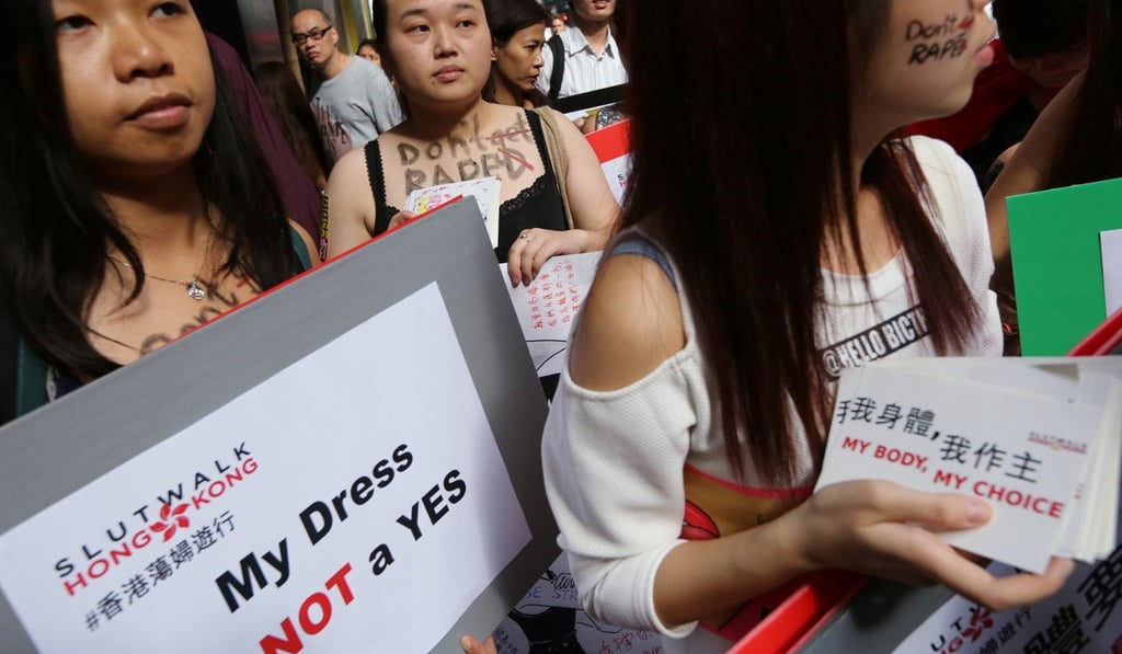 SlutWalk participants march from Causeway Bay to Chater Garden in Central, to demonstrate against the tendency in society to explain away or excuse sex crimes by referring to a woman’s appearance, in October 2014. Photo: Sam Tsang
