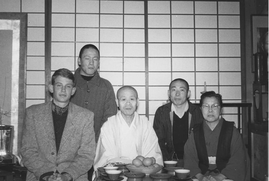 Dobbs-Higginson with Abbot Nakamura, two monks and the housekeeper nun, in May 1963, in Shinno-in, a temple in the Mount Koya monastic complex, in Wakayama prefecture, Japan. Picture: courtesy of Michael Dobbs-Higginson