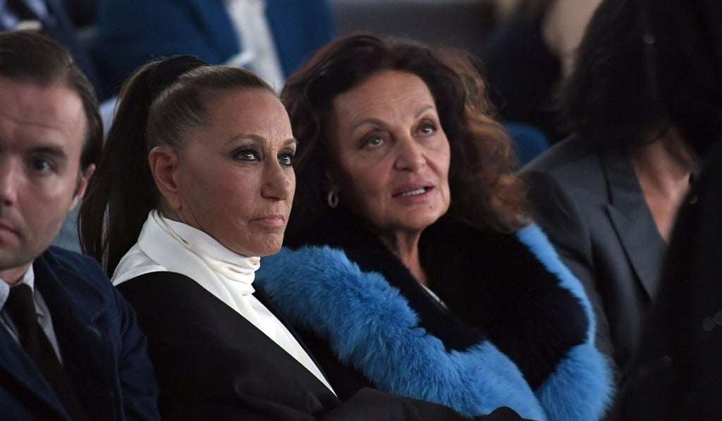 Designers Donna Karan and Diane von Furstenberg watch the Ralph Lauren autumn 2017 show in Lauren’s garage in New York in September 2017. Photo: AFP