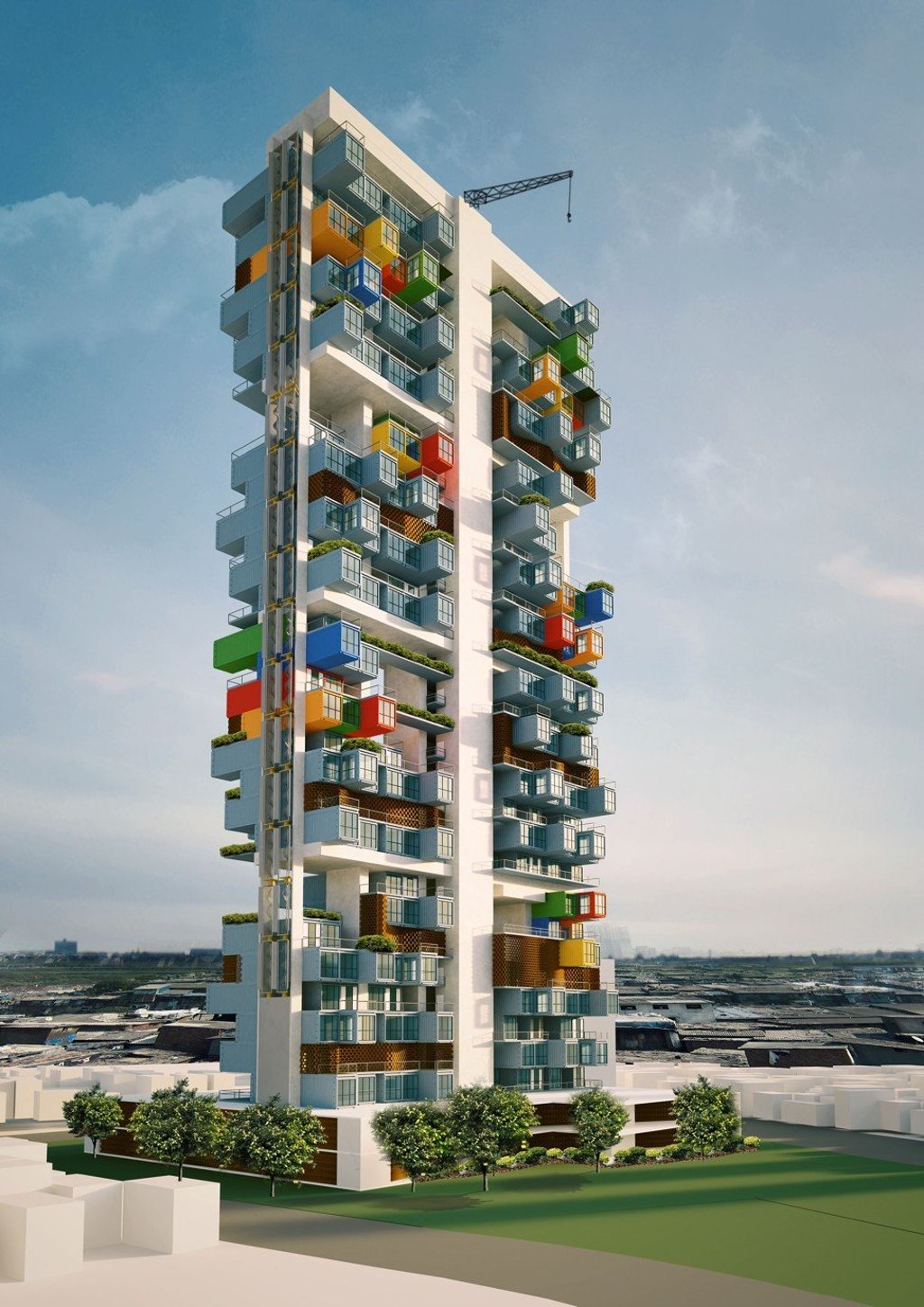 A shipping container skyscraper was designed to provide temporary housing in a slum in Mumbai, India. It won a GA Design Consultants international ideas competition in 2015. A shipping container skyscraper was designed to provide temporary housing in a slum in Mumbai, India. It won a GA Design Consultants international ideas competition in 2015.