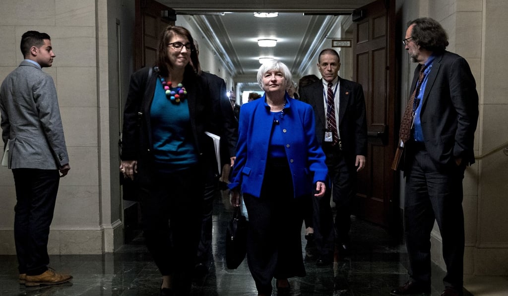 Janet Yellen, chair of the US Federal Reserve, centre, walks through the Longworth House Office building after a Joint Economic Committee hearing in Washington. Photo: Bloomberg Janet Yellen, chair of the US Federal Reserve, centre, walks through the Longworth House Office building after a Joint Economic Committee hearing in Washington. Photo: Bloomberg