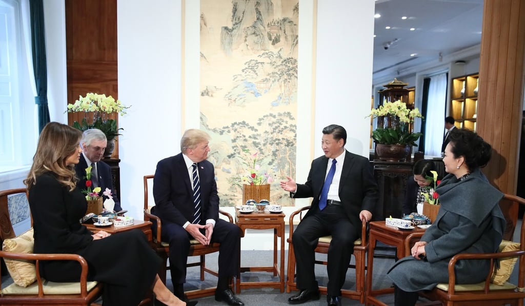 Chinese President Xi Jinping and US President Donald Trump have an informal afternoon tea in the Baoyun Building of the Palace Museum. Photo: EPA Chinese President Xi Jinping and US President Donald Trump have an informal afternoon tea in the Baoyun Building of the Palace Museum. Photo: EPA