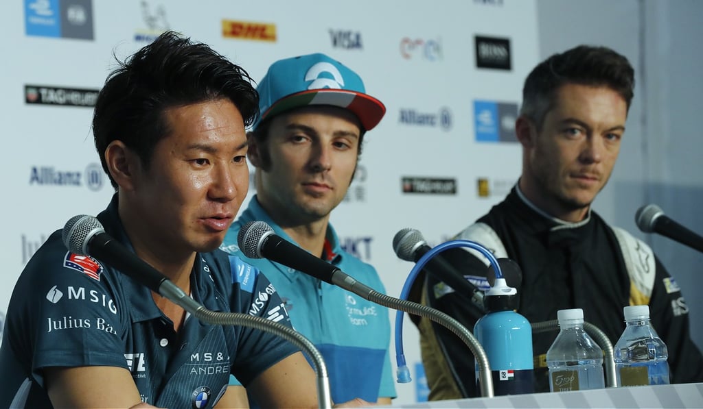 Formula E drivers Kamui Kobayashi (left), Luca Filippi and Andre Lotterer in Hong Kong. Photo: Edward Wong