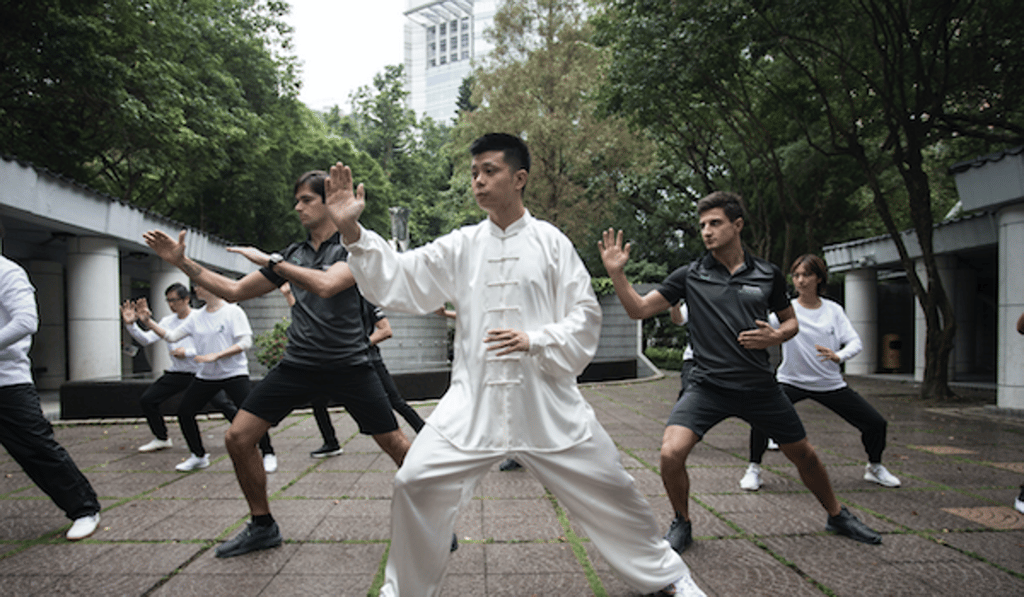 Nelson Piquet Jnr and Mitch Evans practise tai chi. Photo: Handout