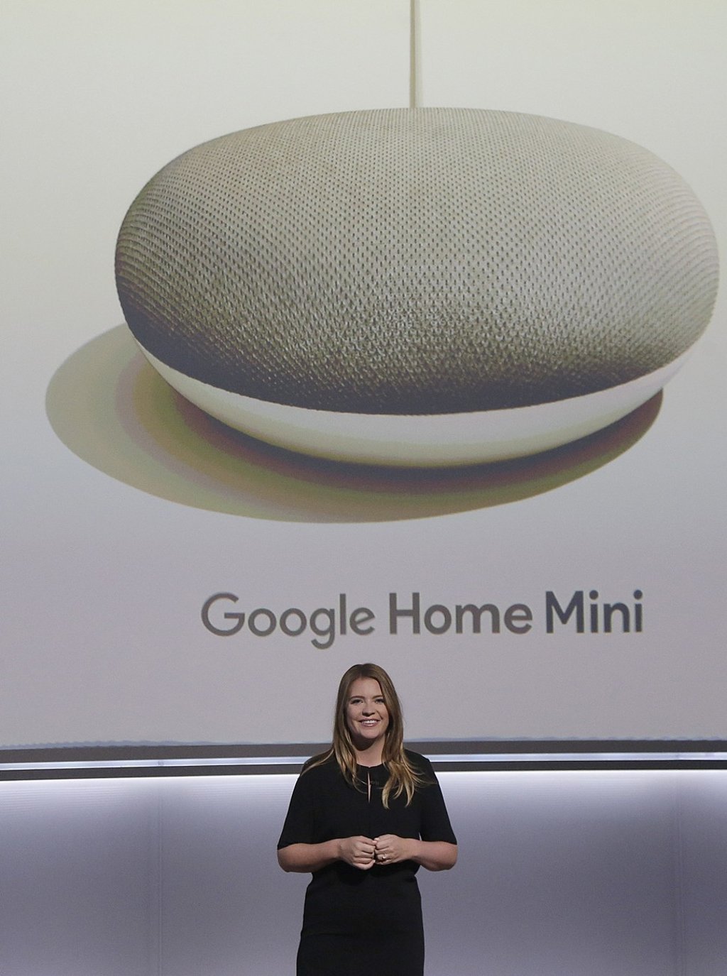 Google's Isabelle Olsson speaks about Google Home Mini devices at a Google event in San Francisco. Photo: AP