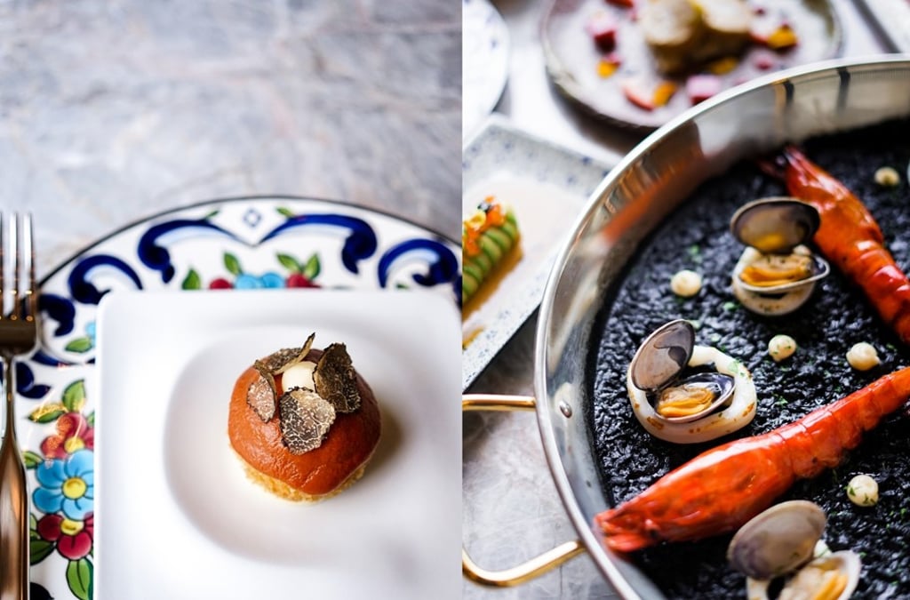 La Rambla’s truffle bombas and red prawn squid ink paella. La Rambla’s truffle bombas and red prawn squid ink paella.