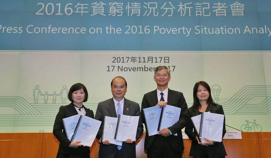 Hong Kong Chief Secretary and Commission on Poverty chair Matthew Cheung Kin-chung (second left) releases the latest poverty report, along with (from left) government economist Reddy Ng, Labour and Welfare chief Law Chi-kwong and the deputy commissioner for Census and Statistics, Marion Chan Shui-yu, in Tamar on November 17. Photo: Xiaomei Chen