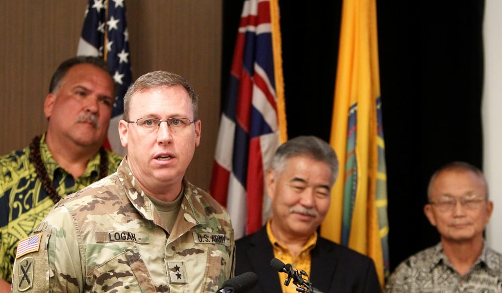 US Army Major General Arthur J. Logan (2nd L) speaks at a news conference, along with Kauai Mayor Bernard Carvalho (L), Hawaii Governor. David Ige (2nd R) and Vern Miyagi, administrator for the Hawaii Emergency Management Agency, discussing the newly-activated Attack Warning Tone intended to warn Hawaii residents of an impending nuclear missile attack by North Korea. Photo: Reuters