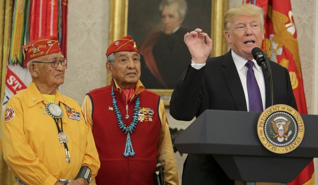 Trump speaks during an event honouring second world war veteran native American ‘code talkers’. Photo: Bloomberg