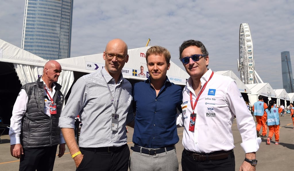 Nico Rosberg (centre) with Hugo Boss chief executive Mark Langer (left) and Alejandro Agag, founder of Formula E. Nico Rosberg (centre) with Hugo Boss chief executive Mark Langer (left) and Alejandro Agag, founder of Formula E.