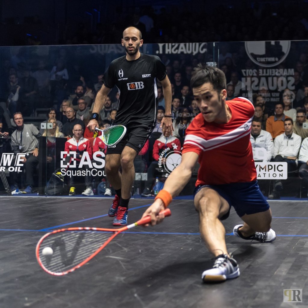 Yip Tsz-fung in action against Marwan Elshorbagy of Egypt at the men’s World Team Championship in France.