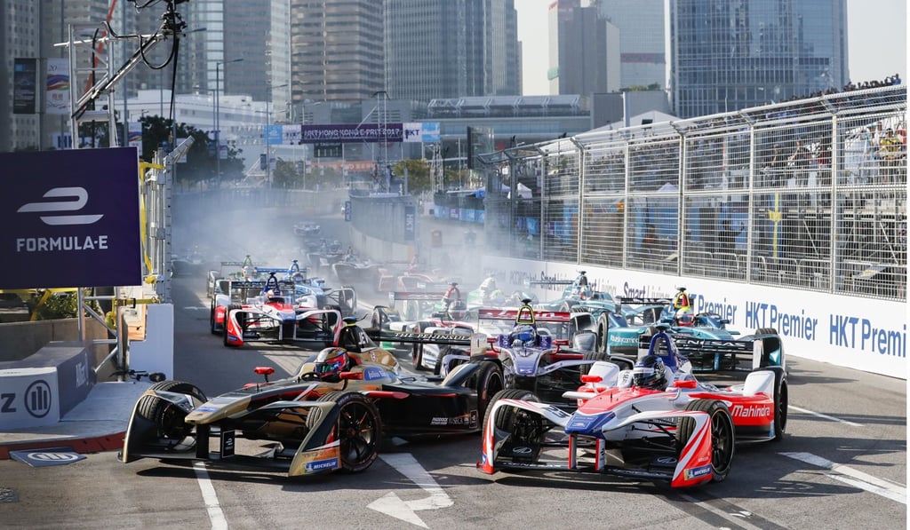 Cars burn up the track on the first day of the HKT Hong Kong E-Prix. Photo: Edward Wong