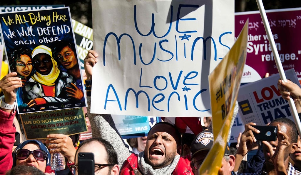 Demonstrators chanting during a #NoMuslimBanEver rally and march “to protest discriminatory policies that unlawfully target and hurt American Muslim and immigrant communities across the country” in Washington. Photo: AFP Demonstrators chanting during a #NoMuslimBanEver rally and march “to protest discriminatory policies that unlawfully target and hurt American Muslim and immigrant communities across the country” in Washington. Photo: AFP