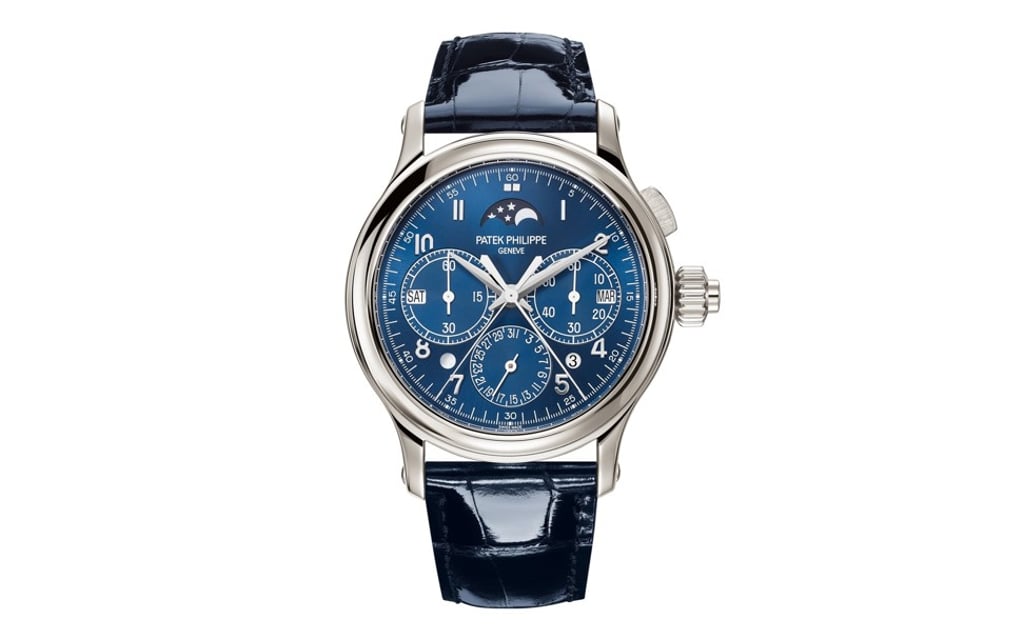 The classic split-seconds chronograph, with a perpetual calendar and a moonphase, is reworked in a platinum case with a blue sunburst patterned dial, HK$3.64 million