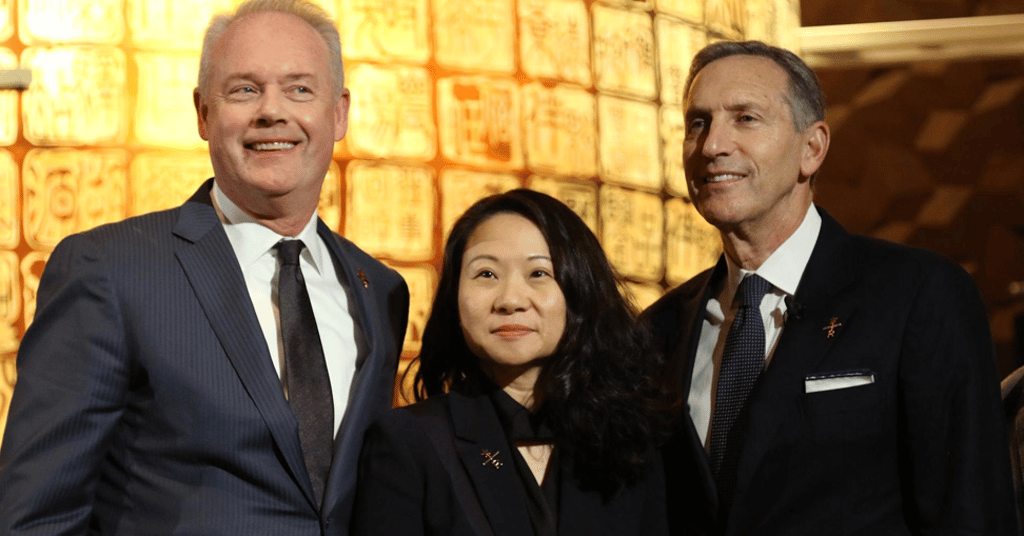 Starbucks CEO Kevin Johnson (left), Belinda Wong, CEO of Starbucks China (centr), and Howard Schultz, Chairman of Starbucks. Photo: Justin Solomon/CNBC Starbucks CEO Kevin Johnson (left), Belinda Wong, CEO of Starbucks China (centr), and Howard Schultz, Chairman of Starbucks. Photo: Justin Solomon/CNBC