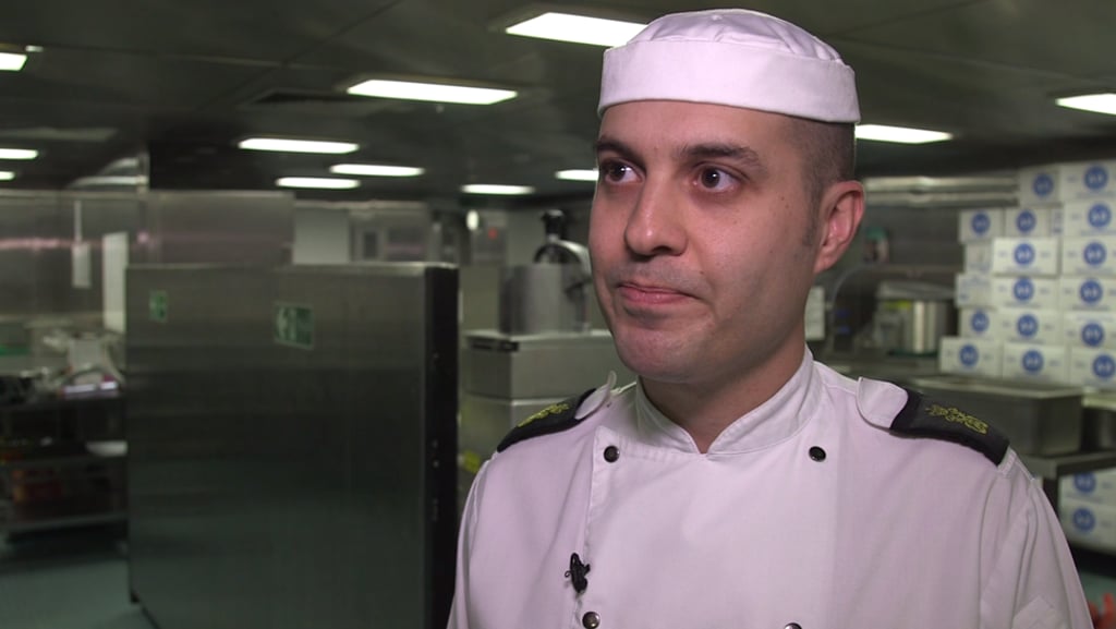 Petty Officer Dean Allen in the aft galley of HMS Queen Elizabeth. Photo: Business Insider Petty Officer Dean Allen in the aft galley of HMS Queen Elizabeth. Photo: Business Insider