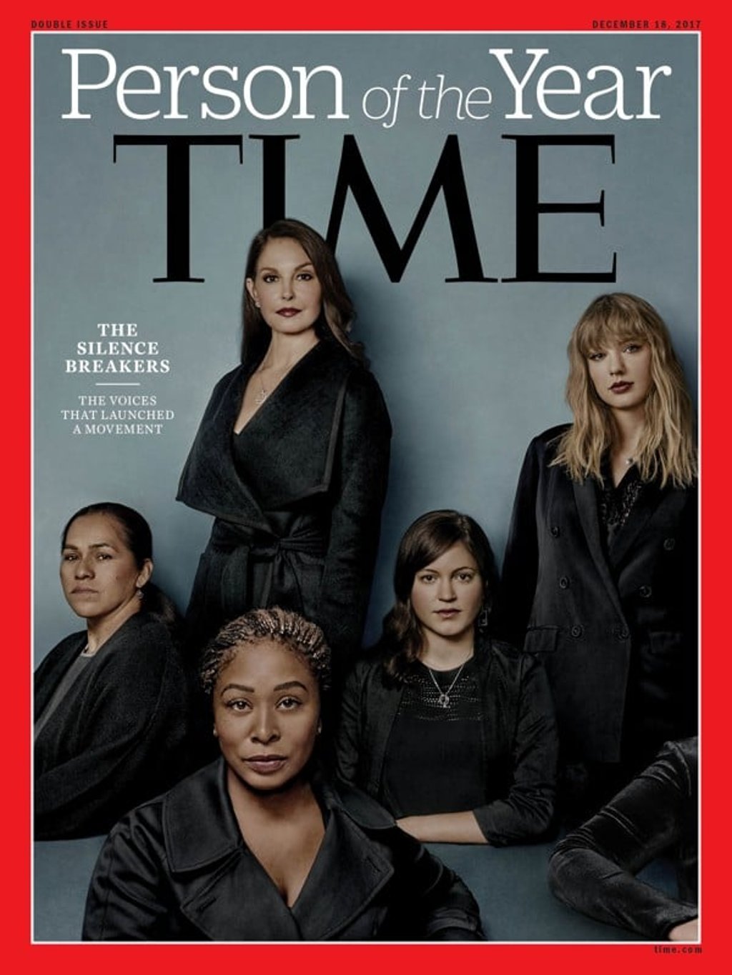 Ashley Judd, Susan Fowler, Adama Iwu, Taylor Swift, and Isabel Pascual (a pseudonym) are pictured on the Time magazine Person of the Year cover for 2017. Photo: Time Inc./ via Reuters
