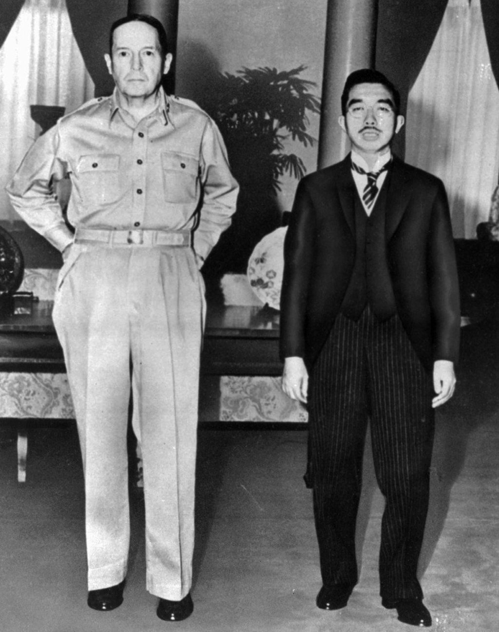 General Douglas MacArthur and Emperor Hirohito in 1945. File photo: AP