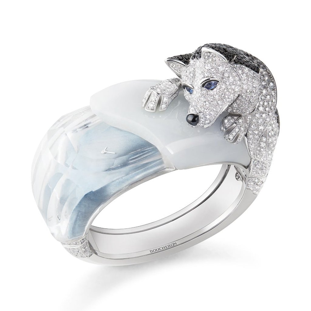 The Laïka, Le Husky watch in white gold, studded with 32ct of diamonds, and sapphires, spinels, rock crystal and white agate, captures the charms of the snow animal, HK$3.59 million The Laïka, Le Husky watch in white gold, studded with 32ct of diamonds, and sapphires, spinels, rock crystal and white agate, captures the charms of the snow animal, HK$3.59 million