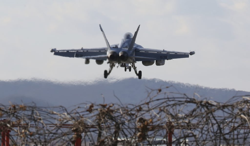 A US Air Force EA-18G Growler fighter jet prepares to land at the Osan US Air Base in Pyeongtaek, South Korea on Monday. Photo: AP