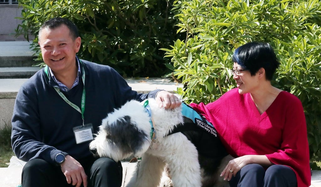 Jasper and his owners, Gary Chin (left) and Cordelia Chan are staff of HKU. Photo: Jonathan Wong