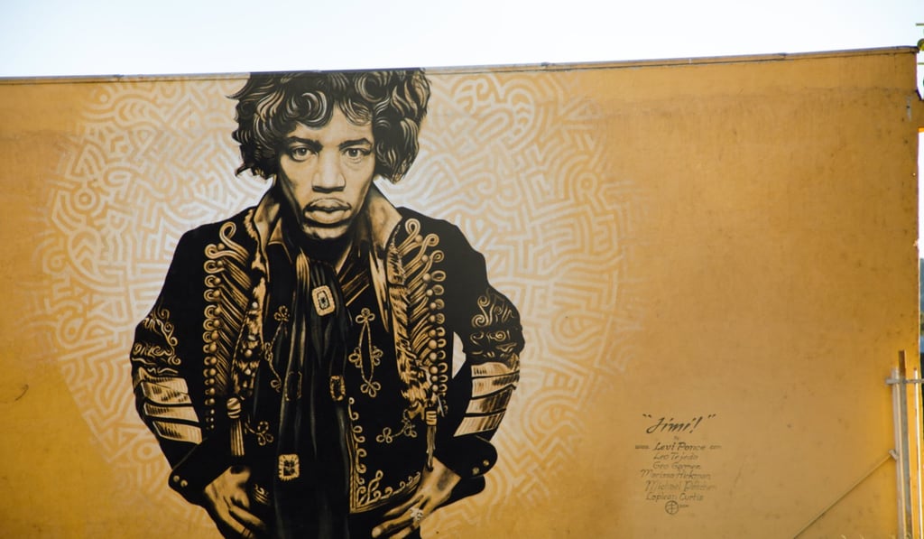 A mural of US musician Jimi Hendrix by street artist Levi Ponce is shown on a building wall in North Hollywood, California. Photo: EPA