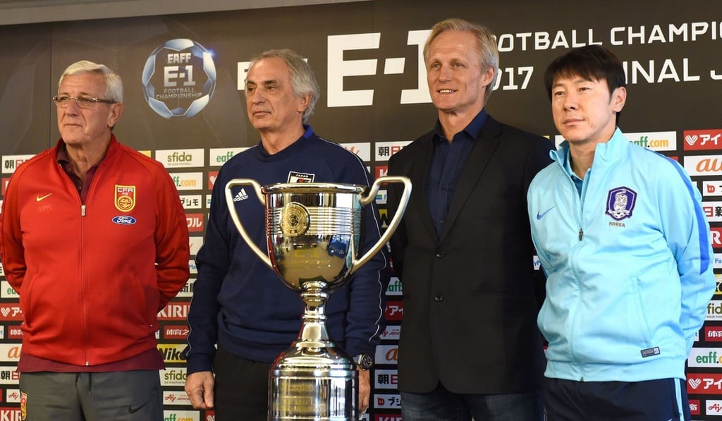Marcello Lippi (left) with fellow coaches (from left) Vahid Halihodzic (Japan), Jorn Andersen (North Korea) and Shin Tae-yong (South Korea).
