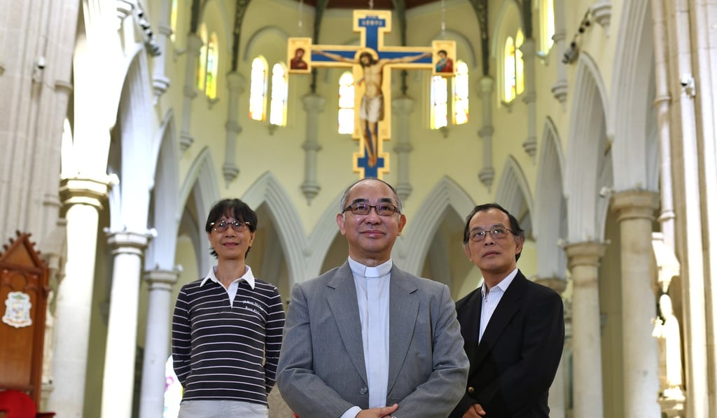 Cecilia Ng (left) whose husband Edwin Ng (not pictured) became a permanent deacon in 2006, after leaving his job in marketing; Reverend Dominic Chan (centre), vicar general of the Hong Kong Catholic diocese; and Alex Kwok (right) a retired secondary schoolteacher who became a permanent deacon in 2015. Photo: Nora Tam