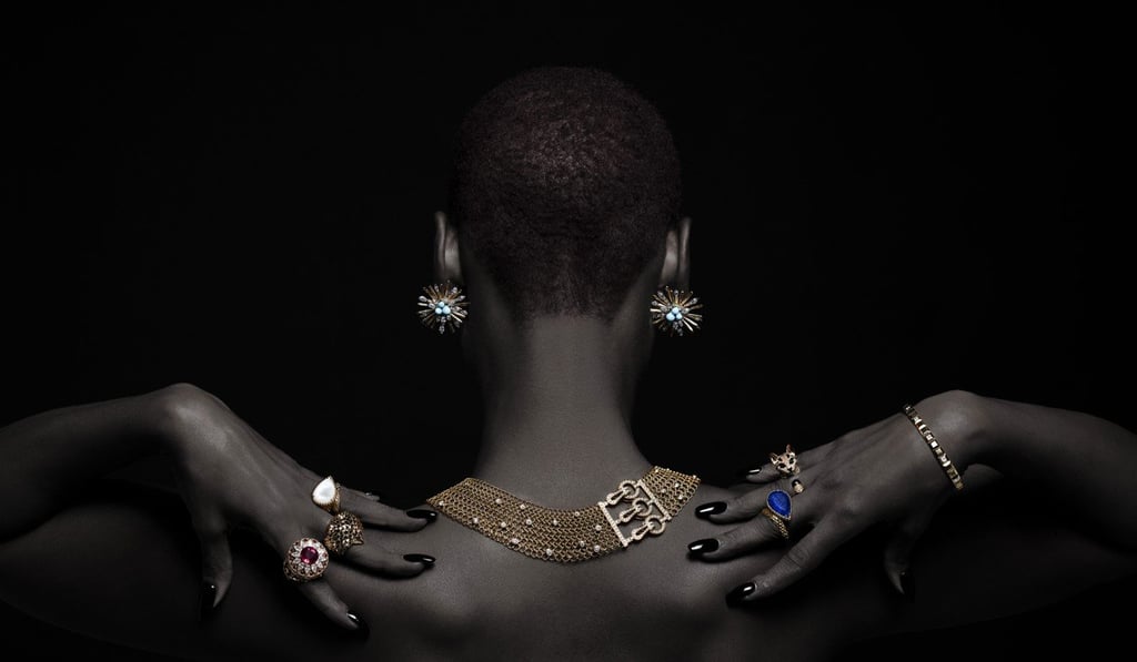 PIAGET Extremely Piaget earrings in pink gold with diamonds and turquoise beads, HK$700,000; CARTIER necklace in pink gold with diamonds, price on request; BOUCHERON Quatre Radiant edition Clou de Paris bangle in yellow gold and diamonds, HK$113,500. Left hand, from top: BOUCHERON Serpent Boheme ring in yellow gold with mother-of-pearl, HK$61,500, Hans the Hedgehog ring in rose gold with rubies and diamonds, HK$80,000; PIAGET Secrets and Lights ring in pink gold with red spinels, diamonds and 6.31ct centre round-cut red spinel, HK$1,310,000. Right hand, from top: BOUCHERON Fuzzy the Leopard Cat ring in rose gold with champagne diamonds, emeralds and lacquer, HK$284,000, Serpent Boheme ring in yellow gold with lapis lazuli, HK$61,500