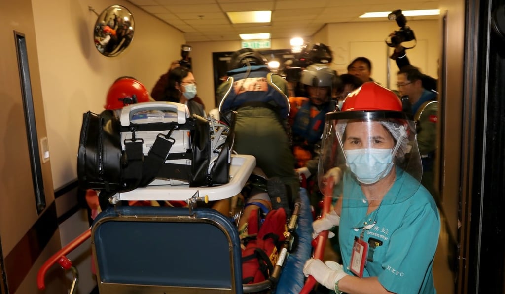 Barrister​Albert Poon Ying-yin​was airlifted by a Government Flying Service helicopter to Pamela Youde Nethersole Eastern Hospital in Chai Wan. Photo: Handout