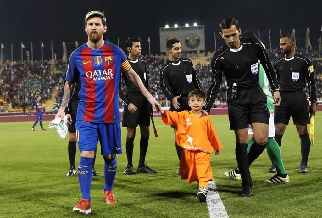 FC Barcelona Lionel Messi sports the Qatar airways logo on his jersey. Photo: AFP