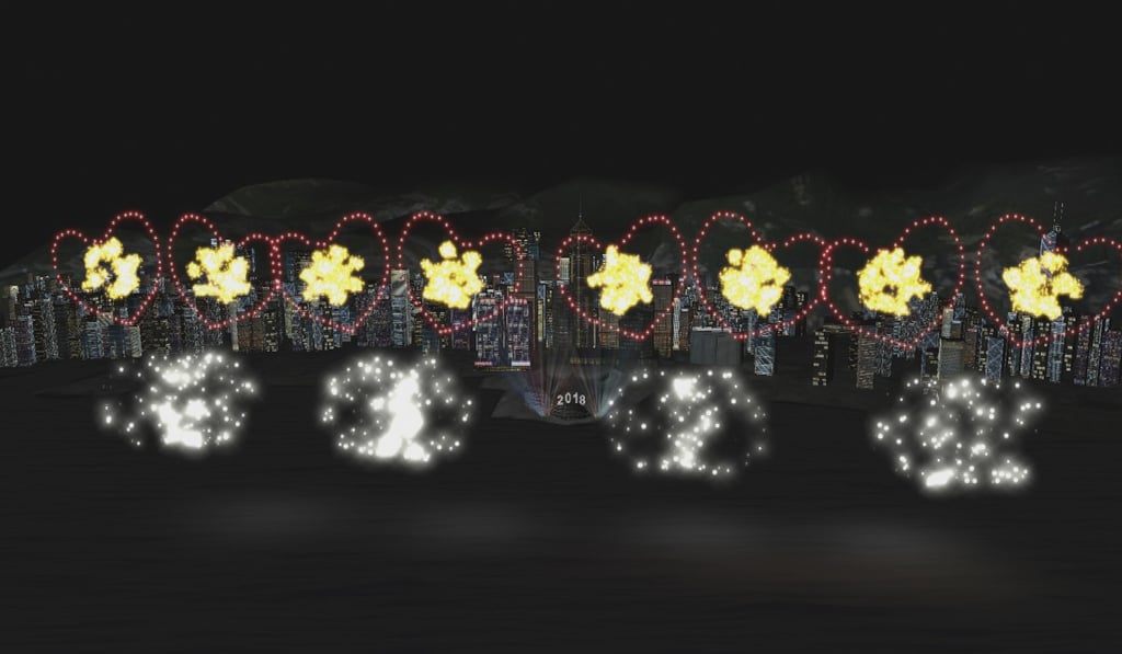 An artist’s impression of 2018 New Year fireworks, which will be launched to a soundtrack composed by local music director Chiu Tsang-hei. Image: Handout