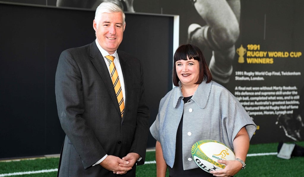 Raelene Castle with Rugby Australia chairman Cameron Clyne.