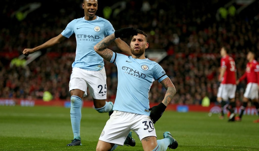 Nicolas Otamendi celebrates his goal against Manchester United. Photo: EPA Nicolas Otamendi celebrates his goal against Manchester United. Photo: EPA