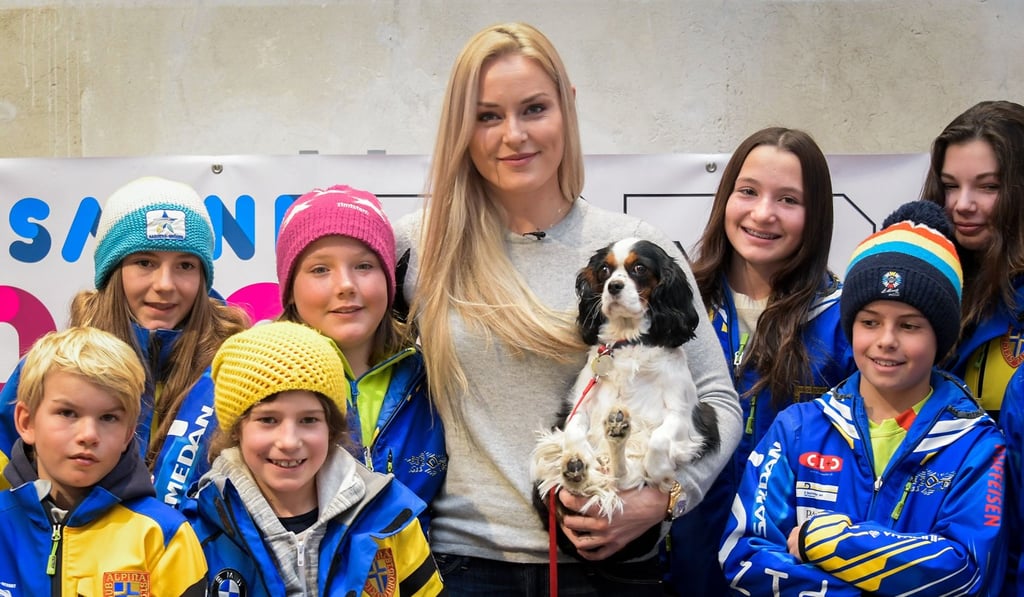 Lindsey Vonn attends a press conference with her dog Lucy and children in St Moritz after she was appointed ski ambassador for the forthcoming Lausanne 2020 Youth Olympic Games. Photo: AFP