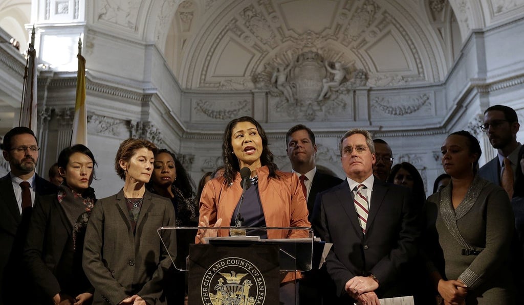 San Francisco Board of Supervisors President and acting mayor London Breed, centre, speaks at a news conference at City Hall in San Francisco on Tuesday after the sudden death of Mayor Ed Lee. Photo: AP
