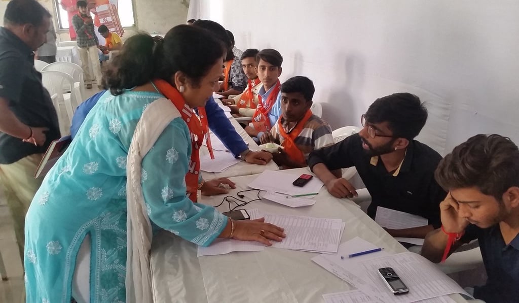 Darshana Jardosh instructs BJP members at a party call centre in Surat. Photo: Debasish Roy Chowdhury Darshana Jardosh instructs BJP members at a party call centre in Surat. Photo: Debasish Roy Chowdhury