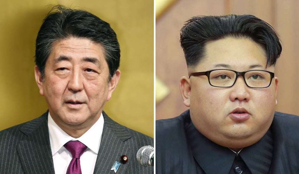 Japanese Prime Minister Shinzo Abe and North Korean leader Kim Jong-un. Photo: Kyodo Japanese Prime Minister Shinzo Abe and North Korean leader Kim Jong-un. Photo: Kyodo