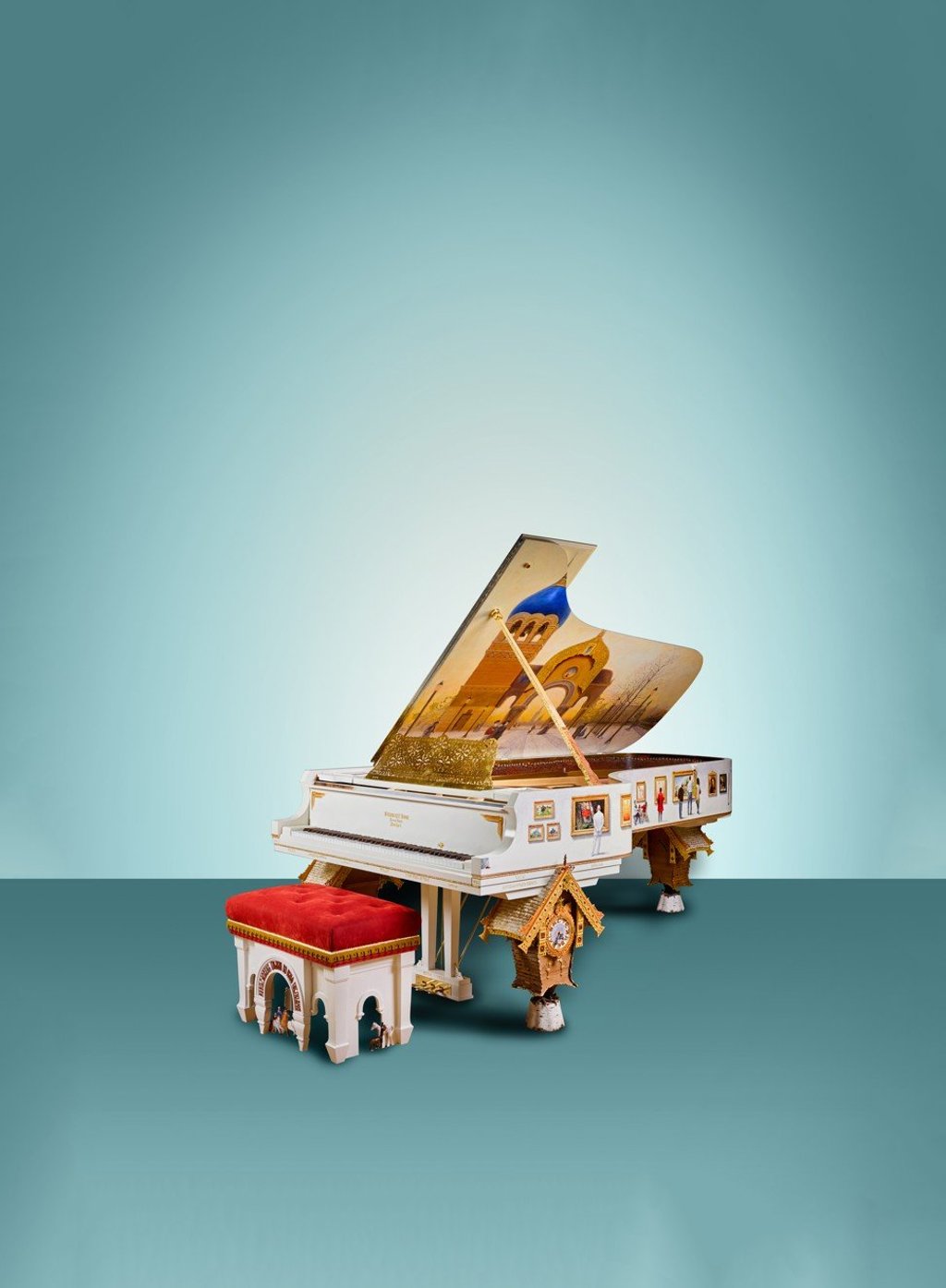 The grand piano and chair are adorned with oil paintings and embellishments.