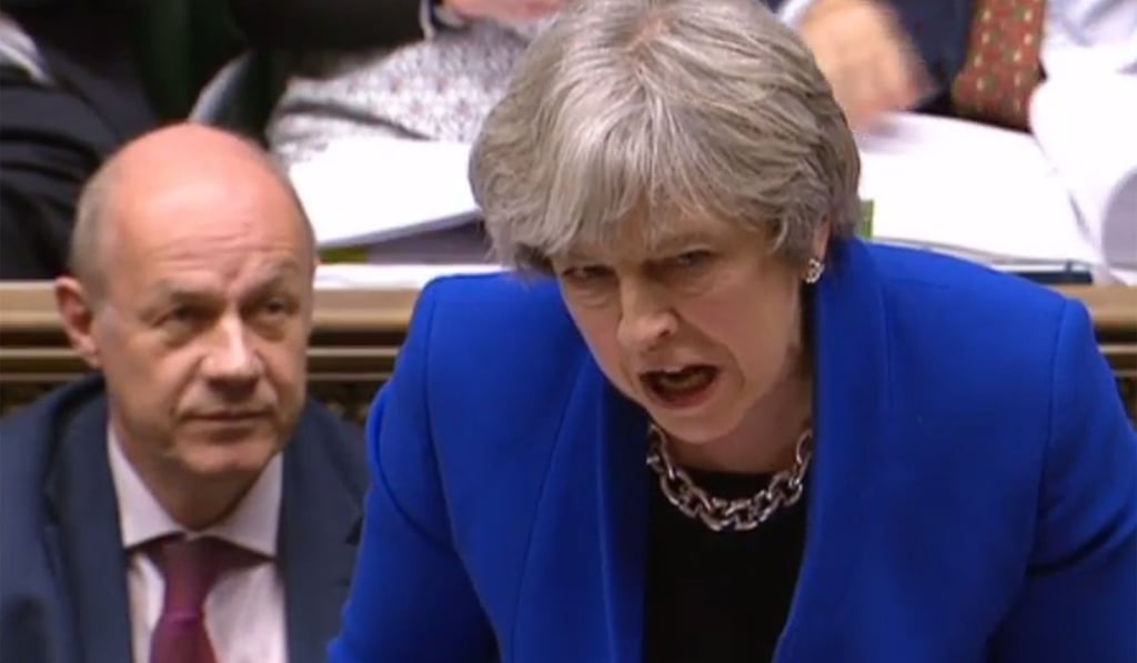 A video grab from footage broadcast by the UK Parliament's Parliamentary Recording Unit shows Britain's Prime Minister Theresa May next to Britain's First Secretary of State Damian Green on the front bench in the House of Commonson Wednesday. Photo: Agence France-Presse A video grab from footage broadcast by the UK Parliament's Parliamentary Recording Unit shows Britain's Prime Minister Theresa May next to Britain's First Secretary of State Damian Green on the front bench in the House of Commonson Wednesday. Photo: Agence France-Presse