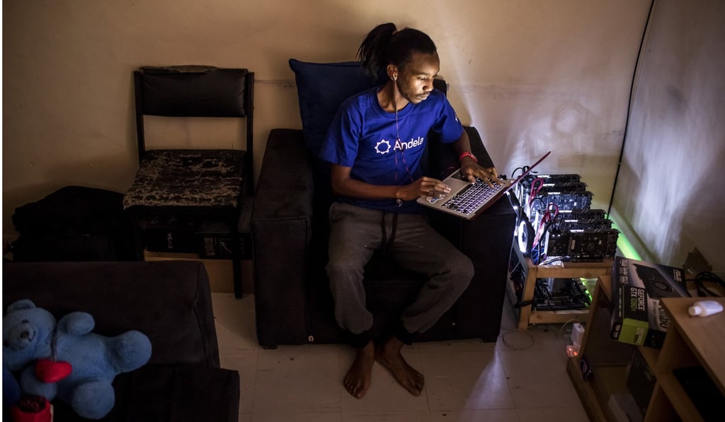 Eugene Mutai, a bitcoin “miner” and software developer, poses for a photograph with cryptocurrency “mining” machines at his home in Nairobi, Kenya, on September. Most retail investors do not realise that cybercurrency has no intrinsic value, and it is not anyone’s liability, with no custodian or central register. Photo: Bloomberg Eugene Mutai, a bitcoin “miner” and software developer, poses for a photograph with cryptocurrency “mining” machines at his home in Nairobi, Kenya, on September. Most retail investors do not realise that cybercurrency has no intrinsic value, and it is not anyone’s liability, with no custodian or central register. Photo: Bloomberg