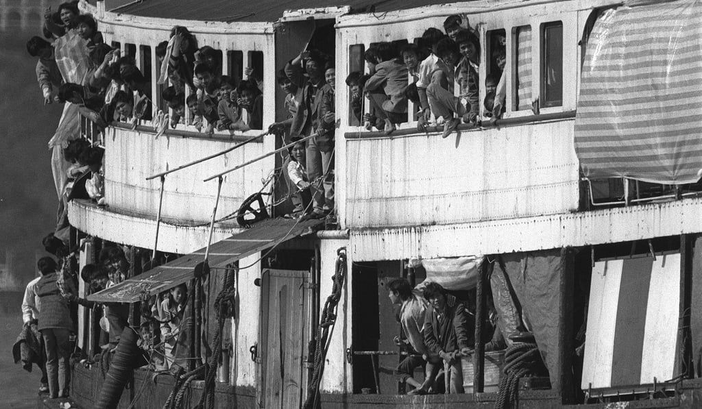 Vietnamese illegal immigrants protest on board a ferry about inadequate living conditions in 1988. The government provided the boat as accommodation. Photo: SCMP