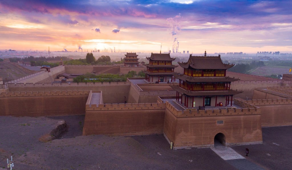 A drone shot of the Jiayuguan fortress, at the western end of the Ming Great Wall in Gansu Province.