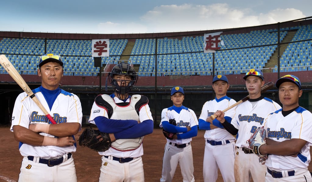 Guangdong Leopards baseball player (L-R) Qi Ze; Meng Weiqiang; Tang Wei; Liu Kai; Luo Jinjun; and Sun Fulong, pose for a photo at the Olympic Sports Centre of Guangzhou. Photo: May Tse