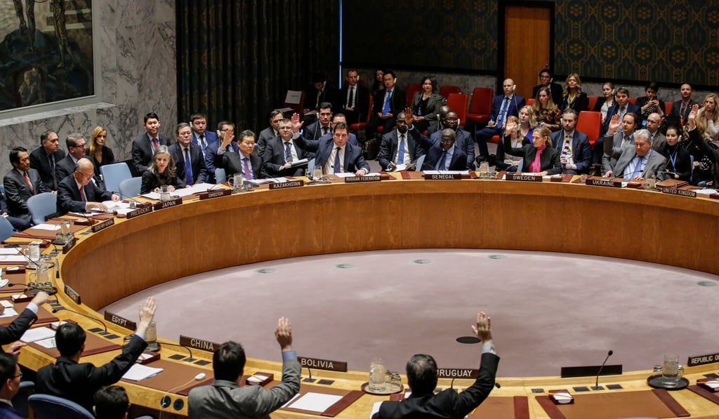 Members of the UN Security Council vote 15-0 to impose new sanctions on North Korea during a Security Council meeting over North Korea on December 22, 2017, at UN Headquarters in New York City. Photo: AFP Members of the UN Security Council vote 15-0 to impose new sanctions on North Korea during a Security Council meeting over North Korea on December 22, 2017, at UN Headquarters in New York City. Photo: AFP