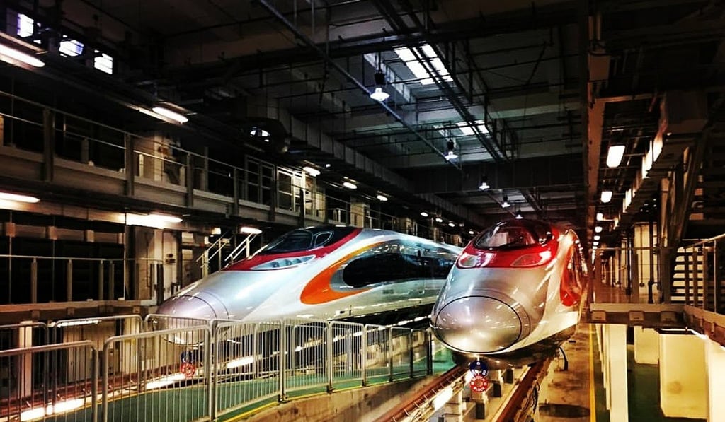 Bullet trains sit at the Hong Kong terminus of the express rail link. Photo: Xinhua Bullet trains sit at the Hong Kong terminus of the express rail link. Photo: Xinhua