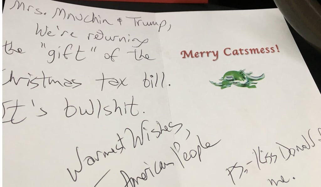 A card which went with the box of horse manure for US Treasury Secretary Steve Mnuchin. Photo: Reuters