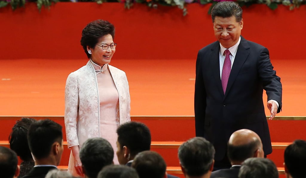 Xi Jinping, and Chief Executive, Carrie Lam, at the Inaugural Ceremony of the Fifth Term Government of the Hong Kong Special Administrative Region at the Hong Kong Convention and Exhibition Centre in Wan Chai. Photo: Sam Tsang