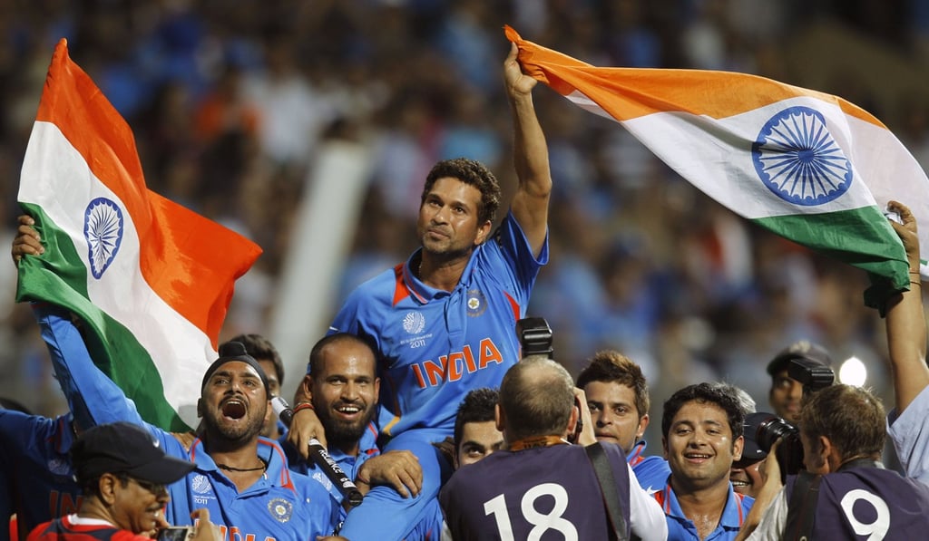 Teammates carry Sachin Tendulkar as India wins the Cricket World Cup in 2011. Photo: AP